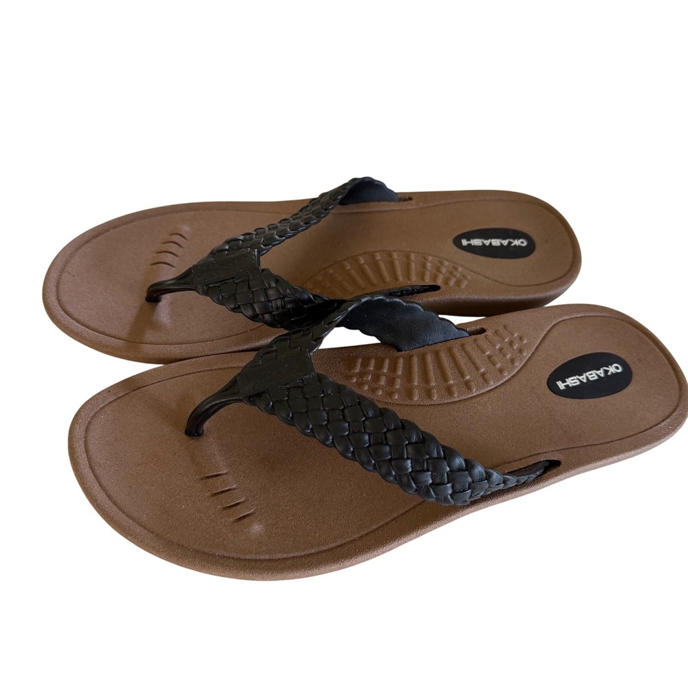 Okabashi Womens ML Brown Black Braided Strap Comfort Flip Flop Sandals USA Made